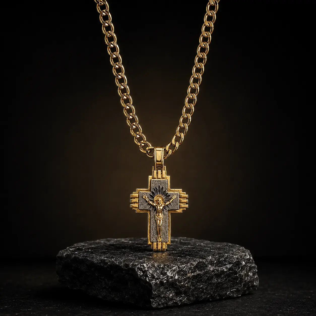 Colar de ouro grumet com pingente crucifixo em relevo