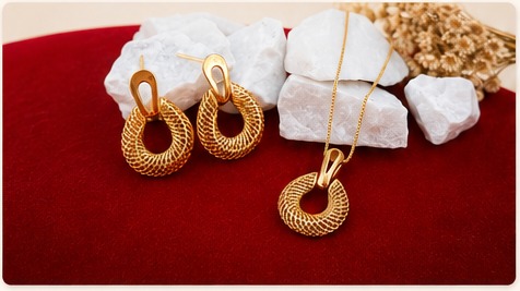 Conjunto de joias de ouro texturizadas sobre veludo vermelho