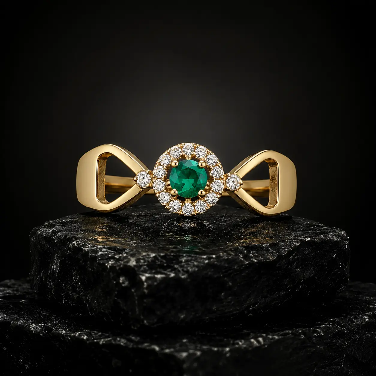 Anel de ouro em formato infinito com pedra verde e halo de zircônias