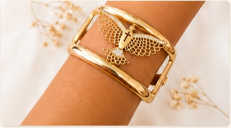 Bracelete de ouro com pingente de anjo em filigrana no punho
