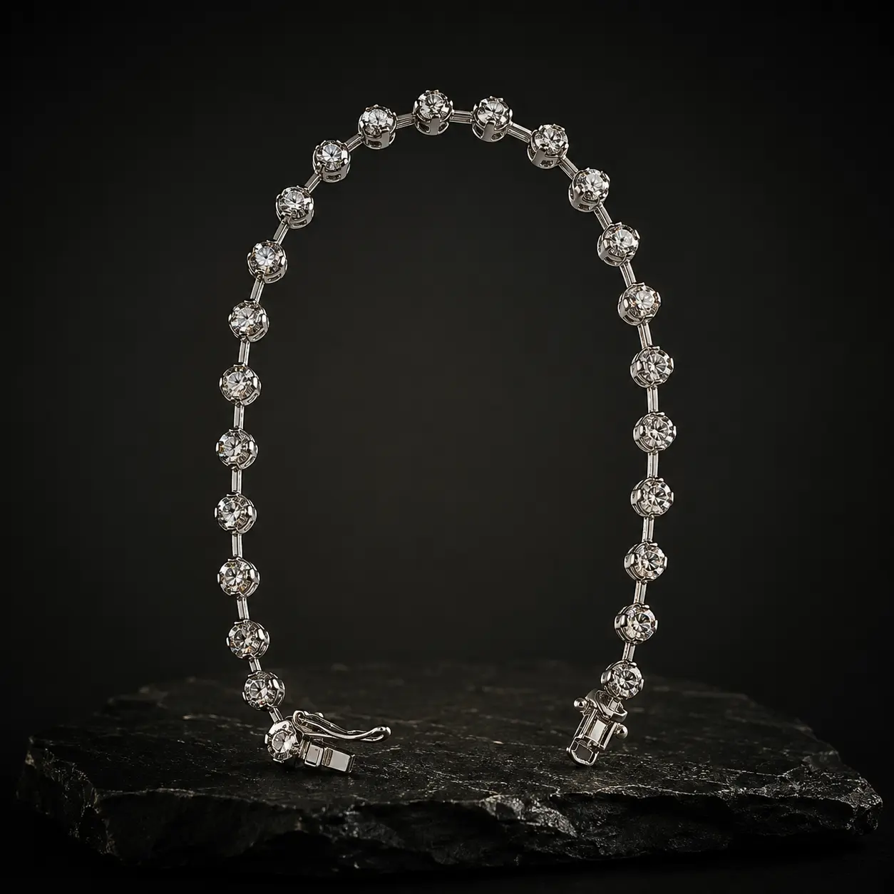 Pulseira rivière com pedras cravejadas em garras sobre pedra escura