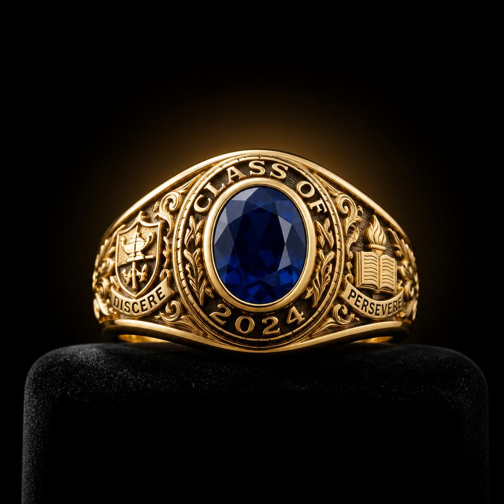 Anel de formatura em ouro com pedra azul oval e gravações