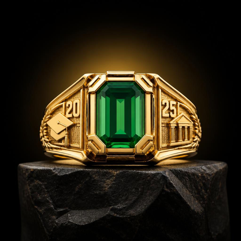Anel de formatura em ouro com pedra verde retangular