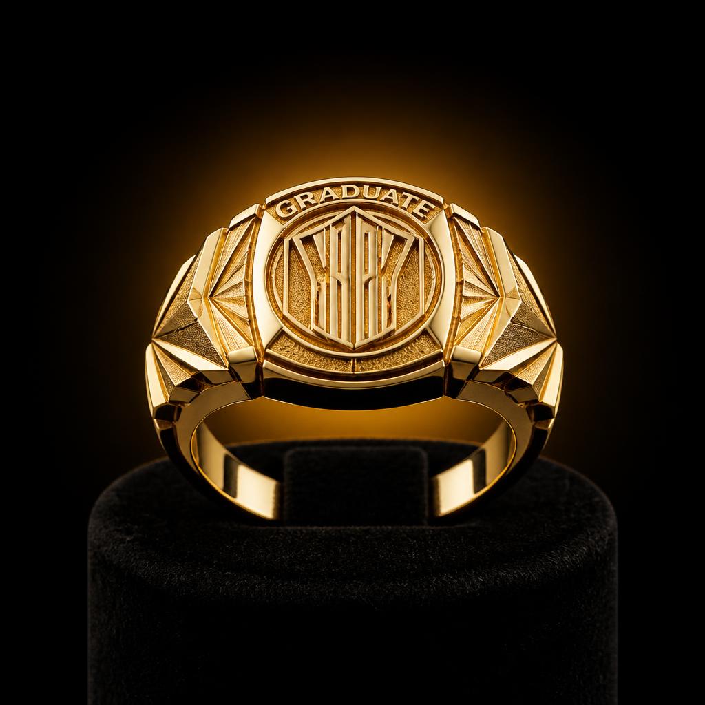 Anel de formatura em ouro maciço com desenho geométrico