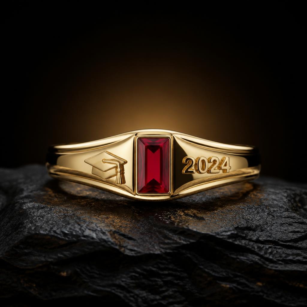 Anel de formatura em ouro fino com pedra vermelha em baguete